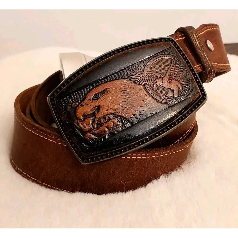 Vintage Leather Overlay Eagle Belt Buckle w/Full Grain Leather Belt 38-40